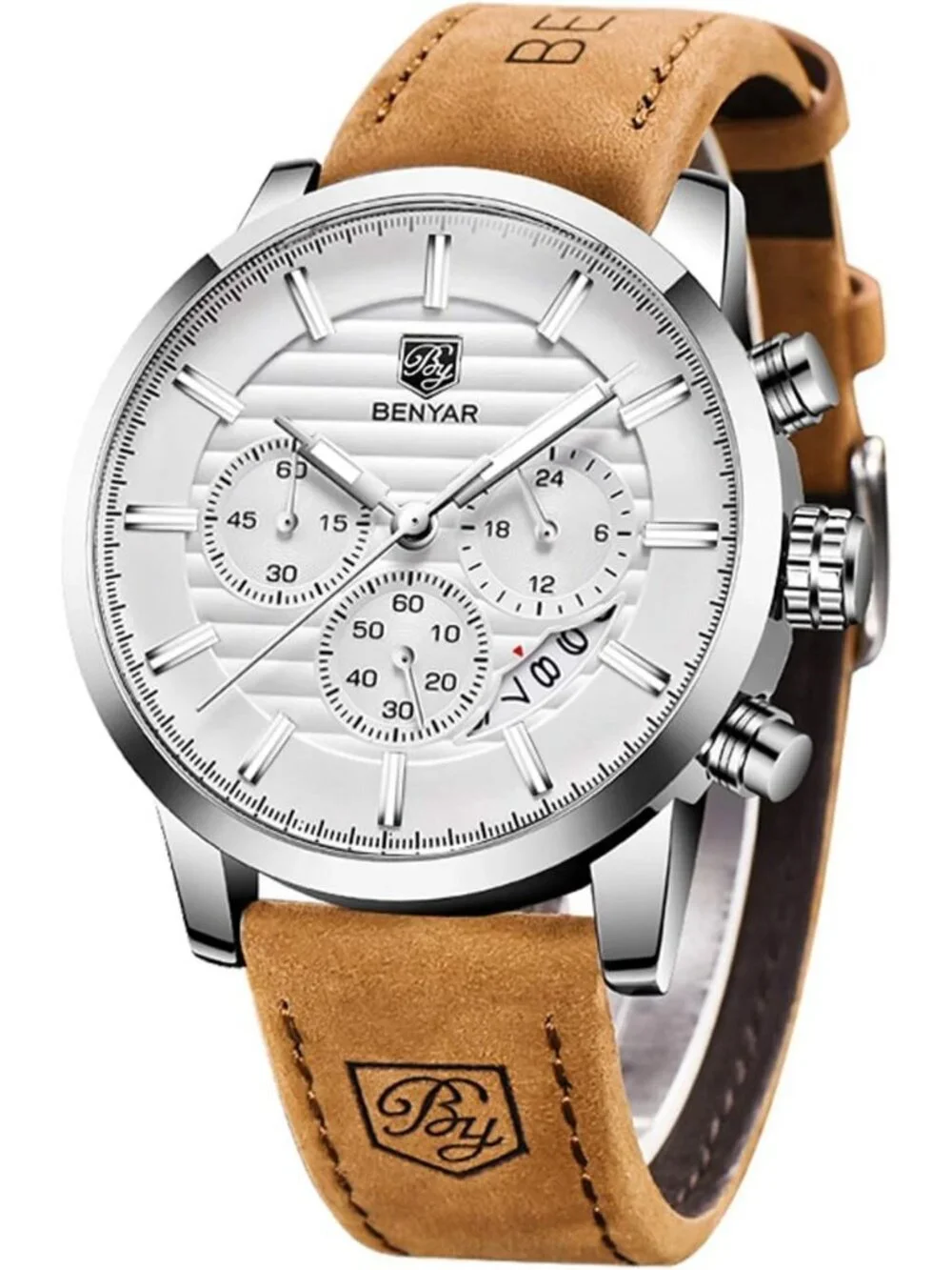Men's Brown White Analog Quartz Leather Strap Chronograph Waterproof Wrist Watch